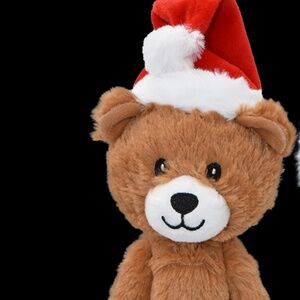 Multipet Holiday Slevins Tan Bear Santa Hat Hanging 18" Plush Squeaker Dog Toy